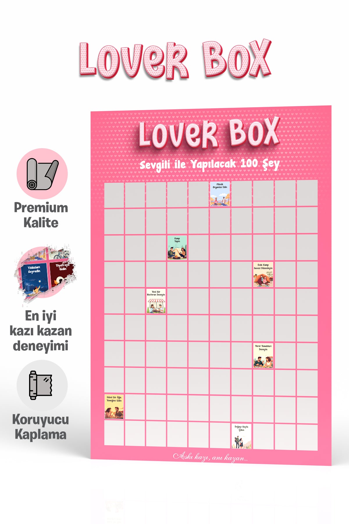 Loverbox Kazınabilir Poster – Sevgiliyle Yapılacak 100 Şey | Çiftlere Özel Romantik Aktivite Posteri